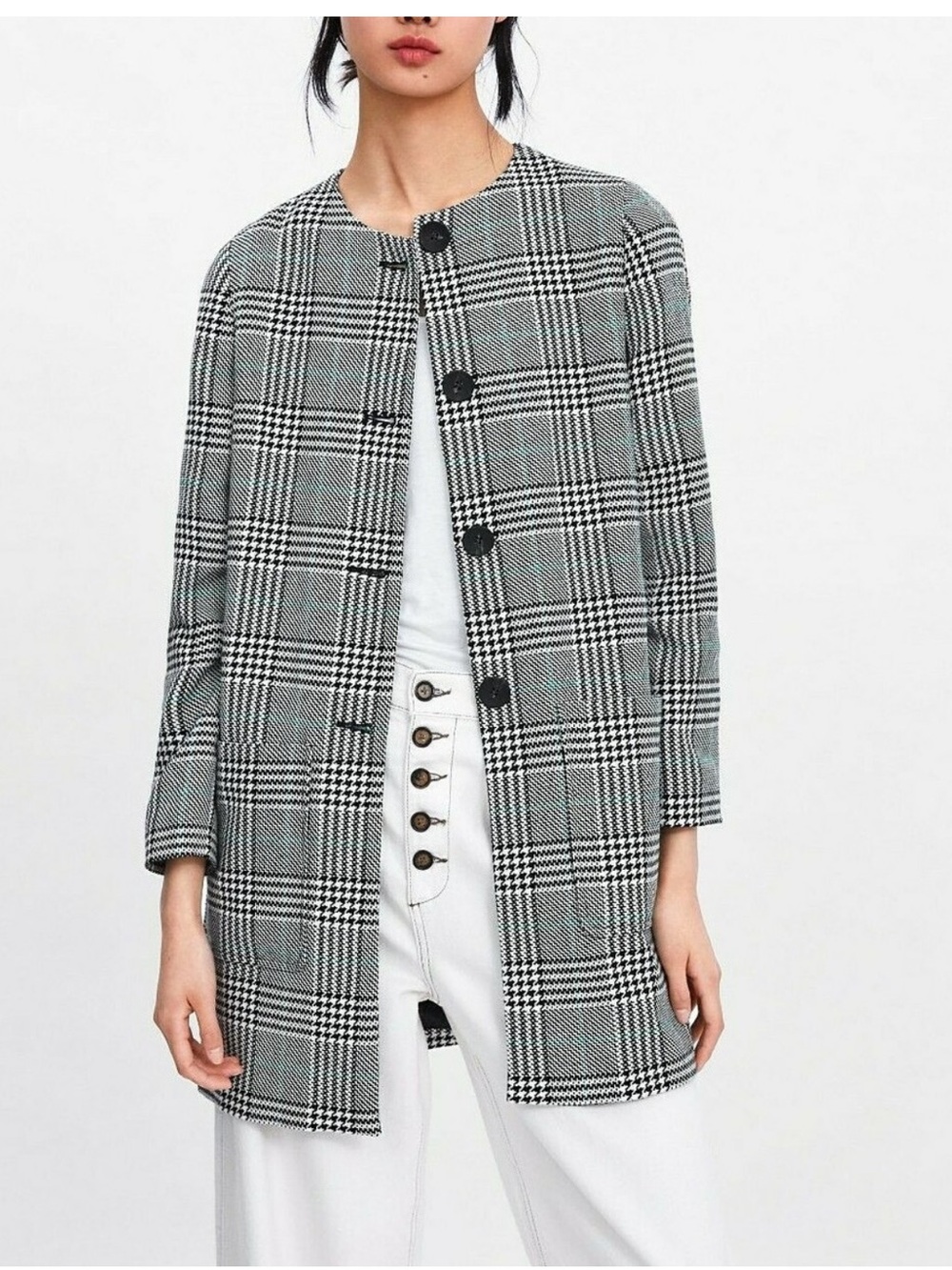 ZARA BLACK/ECRU/GREEN HOUNDSTOOTH COAT WITH ROUND NECK SIZE M